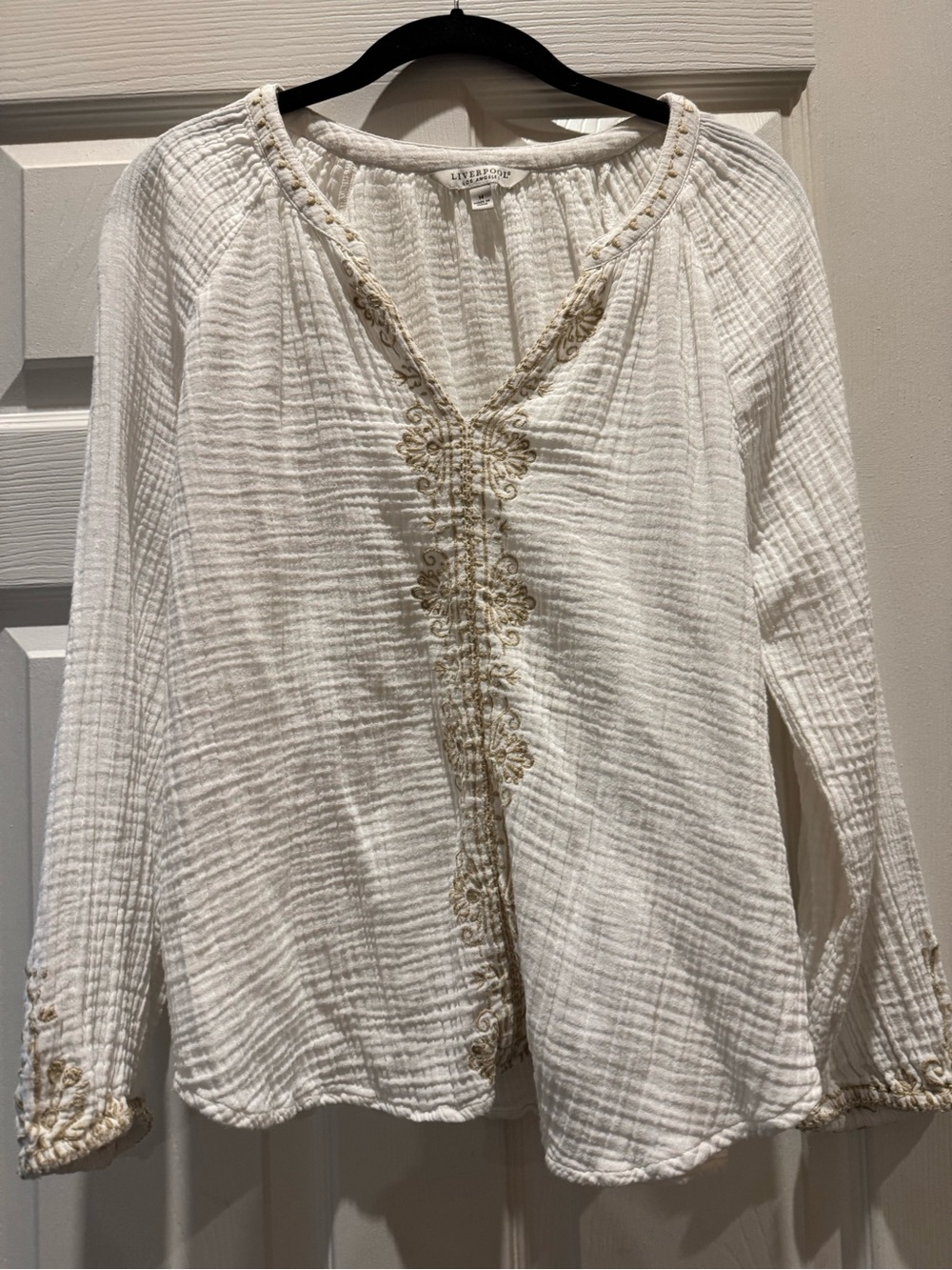 Liverpool White Embroidered V-Neck Gauze Top size medium